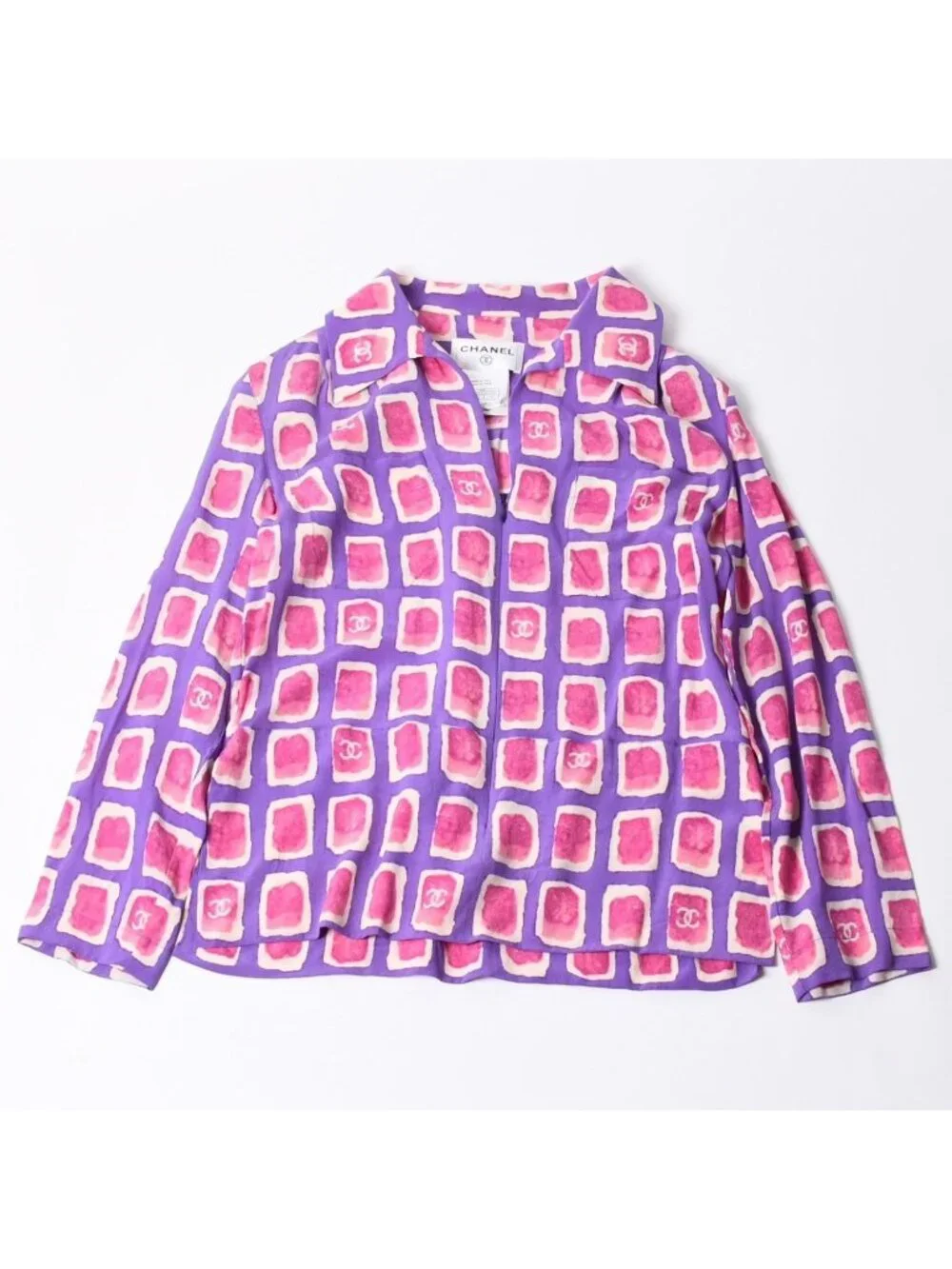 Chanel Zip Up Long Sleeve Silk Shirt CC Logo Coco Cube Purple 36